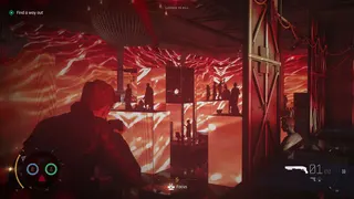 007: First Light screenshot from gameplay showing gun combat in the 'red room' of a museum, where statues are silhoetted against red LED patterns on every surface. Bond takes aim at a distant foe.