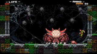 Chuck fights a giant crab-spider boss in a web-filled room in Wolfhound.