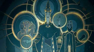 Still from Star Wars Rebels of the Mortis Gods represented on a wall on Lothal.