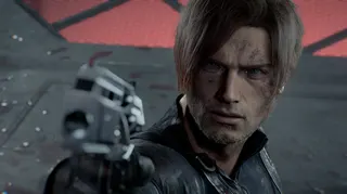 Resident Evil Requiem screenshot showing a close-up of a frowning Leon S. Kennedy, covered in dirt and pointing a gun at someone out of frame.