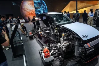 A Hyundai Ioniq electric vehicle cut in half is on display at the Auto China show. Photo: Getty Images