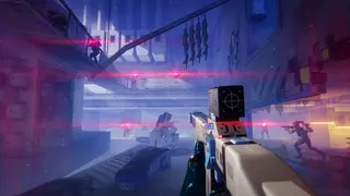 Marathon Security Clearance: A first-person image of a player holding their weapon at the ready while five UESC robots around the room turn at them with glowing red lights.