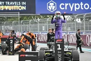 TOPSHOT - Mercedes' Italian driver Kimi Antonelli celebrates after winning the 2026 Miami Formula One Grand Prix at Miami International Autodrome in Miami Gardens, Florida, on May 3, 2026. (Photo by CHANDAN KHANNA / AFP)