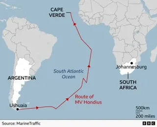 A map showing the route of the cruise ship from Ushuaia, Argentina, across the South Atlantic Ocean to Cape Verde.
