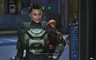 A white woman in a scruffy armoured spacesuit with a mohawk and her hand on her hip, from The Expanse: Osiris Reborn.