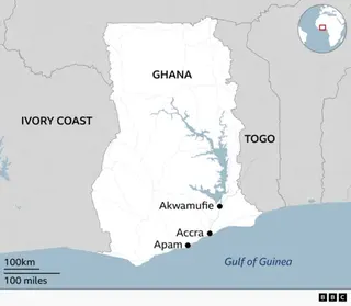 Map of Ghana showing its location in West Africa, bordered by Ivory Coast to the west and Togo to the east, with the Gulf of Guinea to the south. Other locations marked include Accra on the coast, Apam west of Accra, and Akwamufie north east of Accra. An inset globe highlights Ghana’s position in Africa.