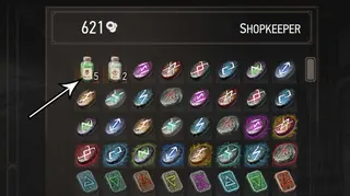 An arrow points to the Potion of Clearance in The Witcher 3: Wild Hunt.