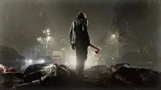 Resident Evil Requiem screenshot showing the back of Leon standing on a rain soaked street with bodies around him. He is holding an axe