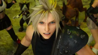 Cloud, from FF7 Rebirth, looks up determinedly toward the camera