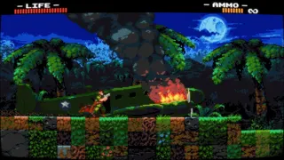 Chuck Rosetti, protagonist of Wolfhound, stands outside his downed plane which shoots flames into the jungle night sky.