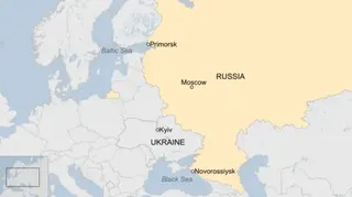 A map showing Russia's ports of Primorsk on the Baltic Sea and Novorossiysk on the Black Sea, as well as the capital Moscow. Ukraine and its capital Kyiv are also shown.