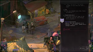 Zero Parades: For Dead Spies demo screenshot showing you talking to people in the bazaar, with a Poetics: Success dice roll to the right