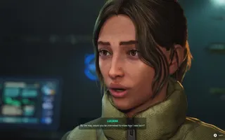 A young white woman with brown hair in a pony tail talking in a scene from The Expanse: Osiris Reborn.