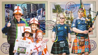 Visual of a family of England supporters and pair of Scotland fans on a background of a postcard that depicts New York and Miami as 2026 World Cup host cities