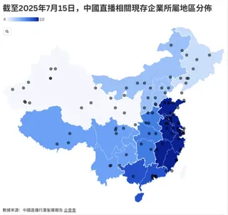 根據企查查髮佈的中國直播行業髮展報告，截至2025年7月中旬，國內直播相關現存企業量達256.96萬家，主要分佈在華東地區，佔比達36.84%, 其次爲華南地區、華中地區、西南地區。