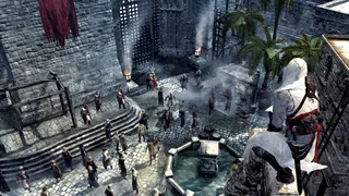 Altair sitting on a perch in Asssassin's Creed.