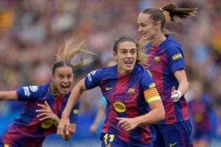 Barcelona midfielder Alexia Putellas celebrates scoring her team’s second goal during the UEFA Women’s Champions League semi-final second leg football match between FC Barcelona and Bayern Munich at Camp Nou Stadium