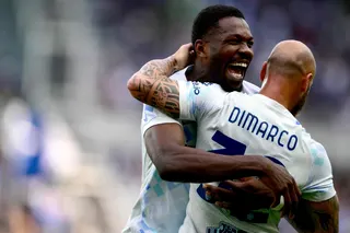 Inter Milan forward Marcus Thuram celebrates with teammate Federico Dimarco after scoring the first goal against Torino at the Olympic Stadium Grande Torino on April 26, 2026. — AFP pic