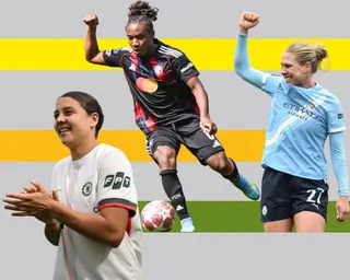 From left: Chelsea’s Sam Kerr, Melchie Dumornay of OL Lyonnes and Manchester City’s Rebecca Knaak..