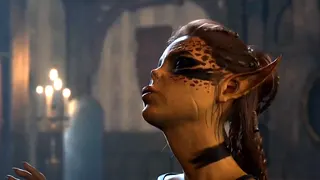 An image of a bugged kiss animation in Baldur's Gate 3, wherein the mighty gith warrior Lae'zel kisses the air sensually.