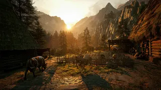 A pastoral scene in The Blood of Dawnwalker in the golden glow of the evening sun.
