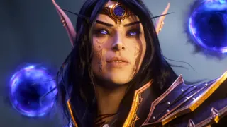 A screencap of the World of Warcraft: Midnight cinematic trailer. An elf with long dark hair and purple eyes faces a bright light in the distance. Two dark blue orbs hover over her plated shoulder pads.