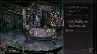 Zero Parades: For Dead Spies demo screenshot showing you talking to a character in a small store, with dialogue in a column on the right