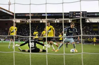 Mika Godts (right) scores Ajax’s second goal in their 2-0 win last month over NAC Breda, who sit second from bottom of the Eredivisie. Photo: AFP