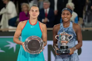 Jun 7, 2025; Paris, FR; Coco Gauff of the United States poses with Aryna Sabalenka after their match on day 14 at Roland Garros Stadium. Mandatory Credit: Susan Mullane-Imagn Images