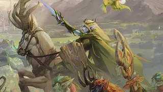 Heroes of Might and Magic: Olden Era website art - blonde elven woman on a charging stag, holding a sword aloft (cropped)