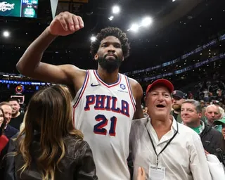 Joel Embiid celebrates after the 76ers’ win on Saturday night