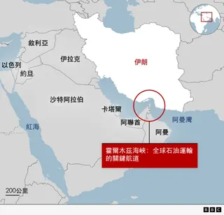 地圖顯示霍爾木茲海峽位於阿曼灣，是全球石油運輸的重要航道。海峽位於伊朗與阿聯酋、阿曼所在半島之間。地圖亦標示更廣泛的中東國家，包括沙特阿拉伯、伊拉克、約旦與以色列。