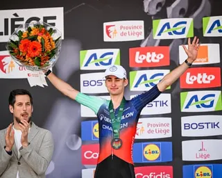 Paul Seixas on the podium after the men’s elite race of the Liege-Bastogne-Liege last month.