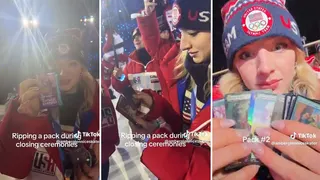 Amber Glenn opens MTG cards at the Olympics.