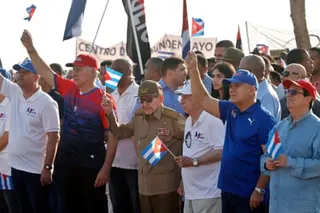 Former Cuban president Raúl Castro and current president Miguel Diaz-Canel attend the International Labor Day commemoration in Havana
