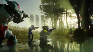 Marathon Tox Clear: Promotional art depicting a group of Runners encountering another group coming out of the treeline in a marsh, all aiming at each other.