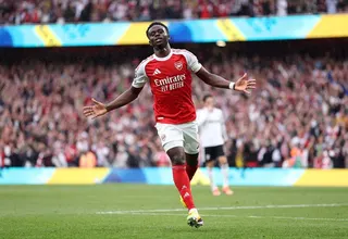 Bukayo Saka of Arsenal celebrates scoring his team's second goal during the Premier League match between Arsenal and Fulham