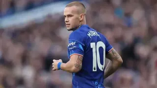 Mykhailo Mudryk looks back over his shoulder during Chelsea's Premier League match against Newcastle United at Stamford Bridge in December 2024