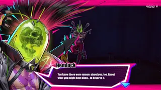 Hemlock, a neon-drenched punk with a skull for a head from Dead as Disco, has a conversation with Charlie Disco.