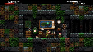 Chuck Rosetti stands in a save room in Wolfhound. It's a little bunker within the jungle level, featuring a typewriter, maps on the walls, filing cabinets, and a fan.