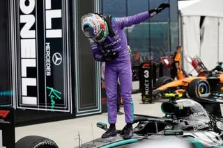Kimi Antonelli takes a bow after his win in Miami