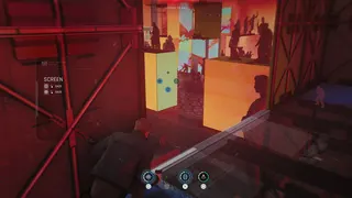 007: First Light screenshot from gameplay showing gun combat in the 'red room' of a museum, where statues are silhoetted against red LED patterns on every surface. Bond targets an enemy with his watch from cover.