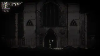 Metamorphosis standing outside darkened cathedral