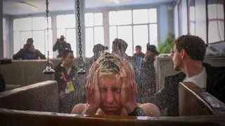 Tadej Pogacar showers after finishing second in Paris-Roubaix 2026