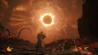 A Screenshot of Saros: showing the player looking toward an ominous eclipse in the sky.