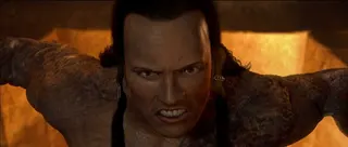 A close-up of the angry face of what is supposed to be Dwayne "The Rock" Johnson, clumsily digitized using 2001 technology to create a Scorpion King monster for the climax of The Mummy Returns.