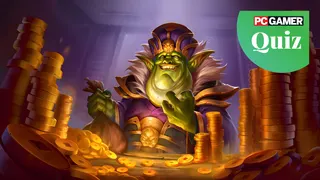 A green man lords over a pile of gold, there is a PC Gamer Quiz sign in the top right.