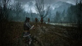 A ponytailed masculine figure wearing a mix of chainmail and plate mail holds a longword as ghoulish enemies approach. It's a screenshot from The Blood of Dawnwalker.