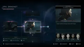 A timeline screen with small illustration snapshots in showing events that happened in the game - events you can rewind to. In the bottom corner, the spaceship crew's status can be seen via their portraits.