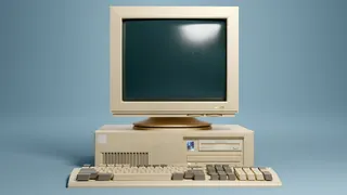 Retro 1990s style beige desktop PC computer and monitor screen and keyboard. 3D illustration.